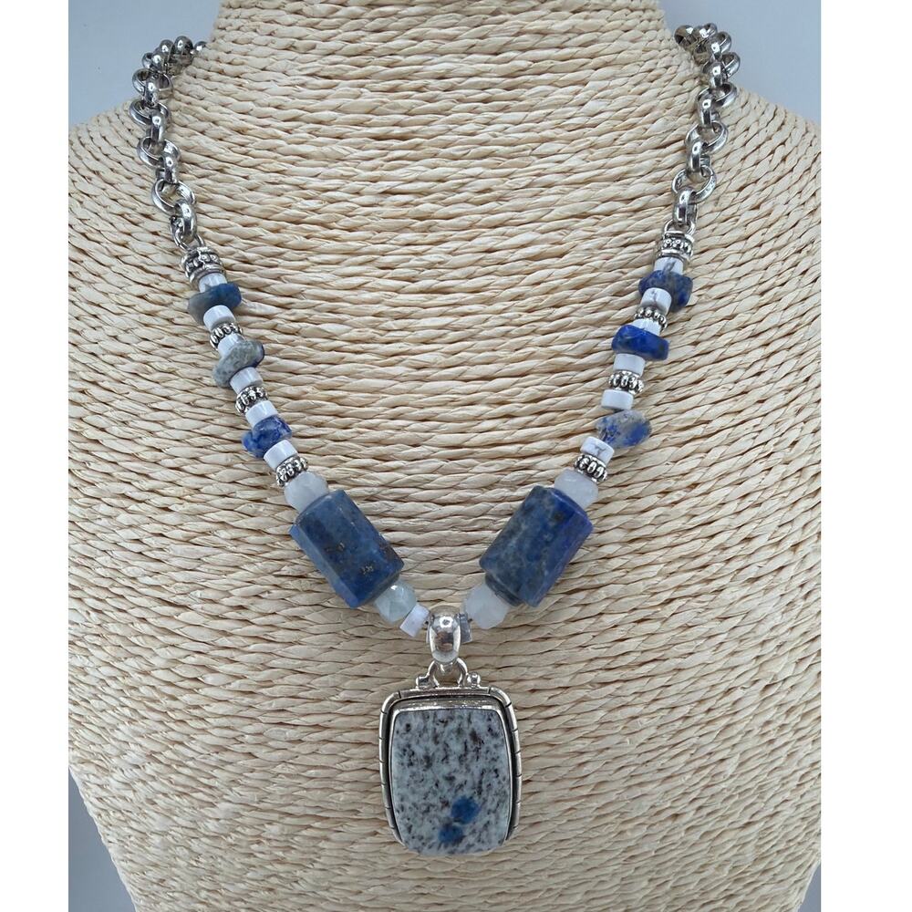 Artisan Multi Stone Gemstone Statement Necklace Lapis White Turquoise Jasper